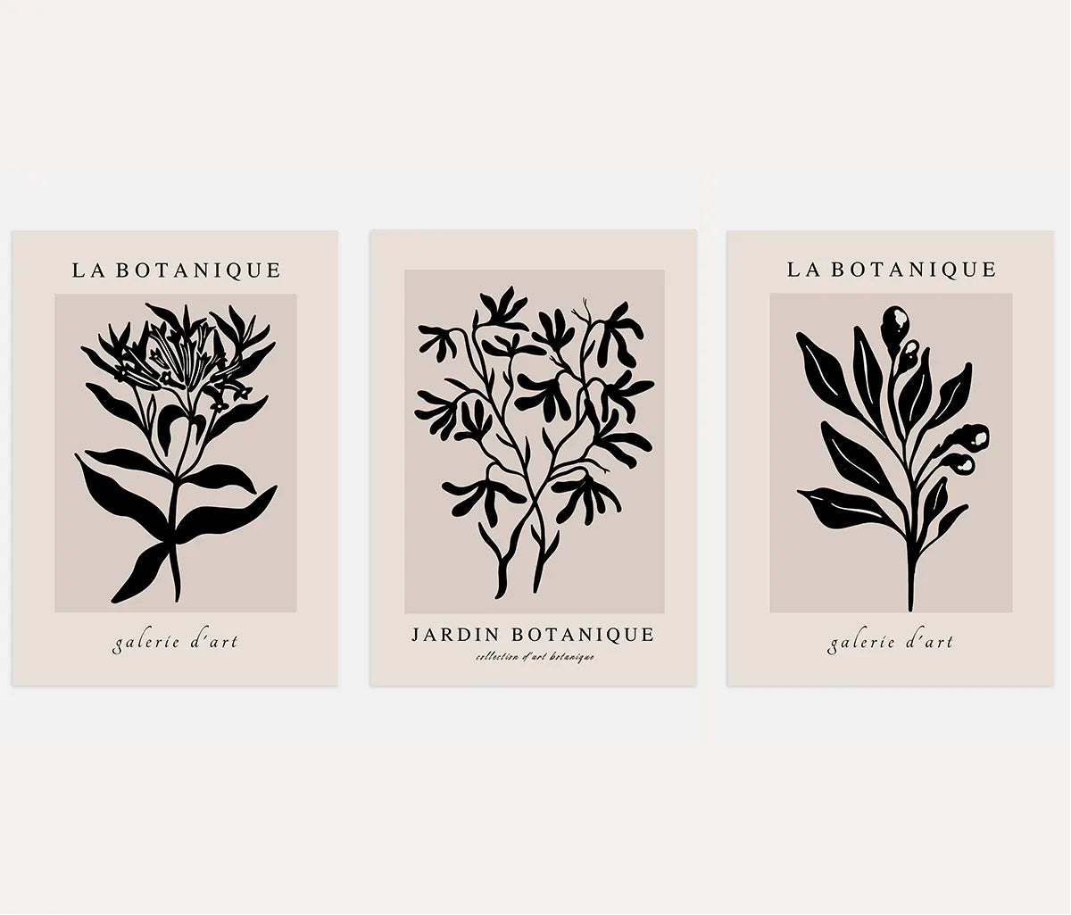 black botanical silhouette poster set beige minimalist wall decor