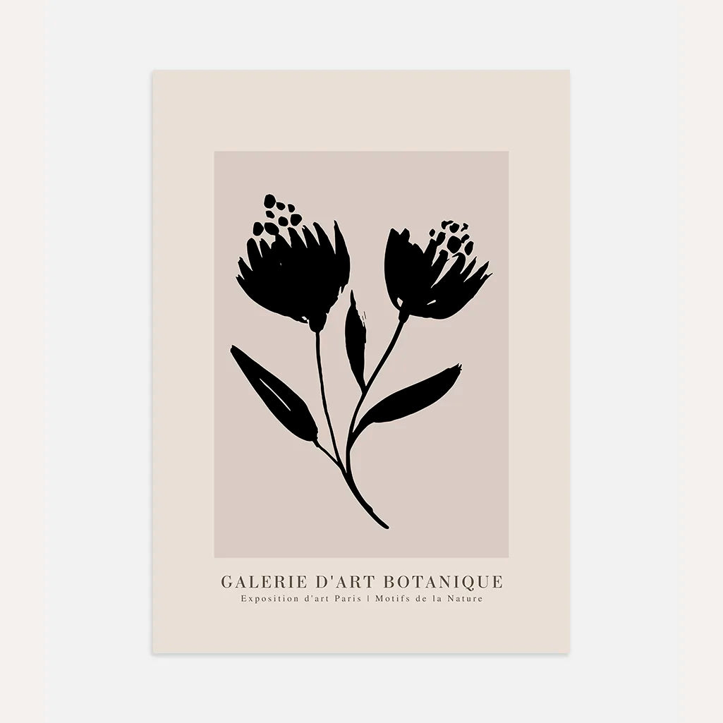 black flowers on beige poster minimalist botanical wall art