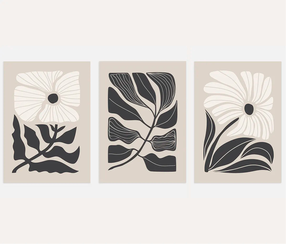 black graphic floral poster set beige background modern wall art