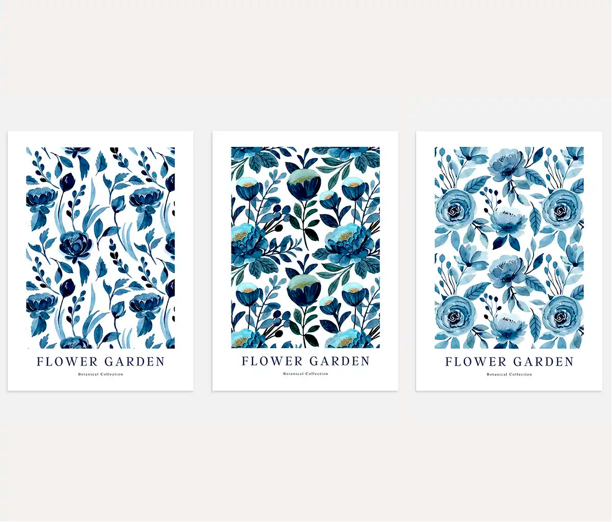 blue floral pattern poster set watercolor flower garden wall art botanical prints