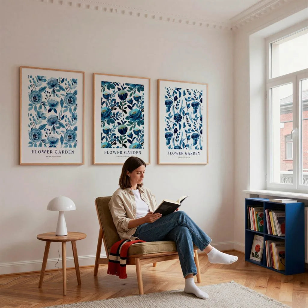 blue watercolor floral poster set wall decor in modern living room botanical style