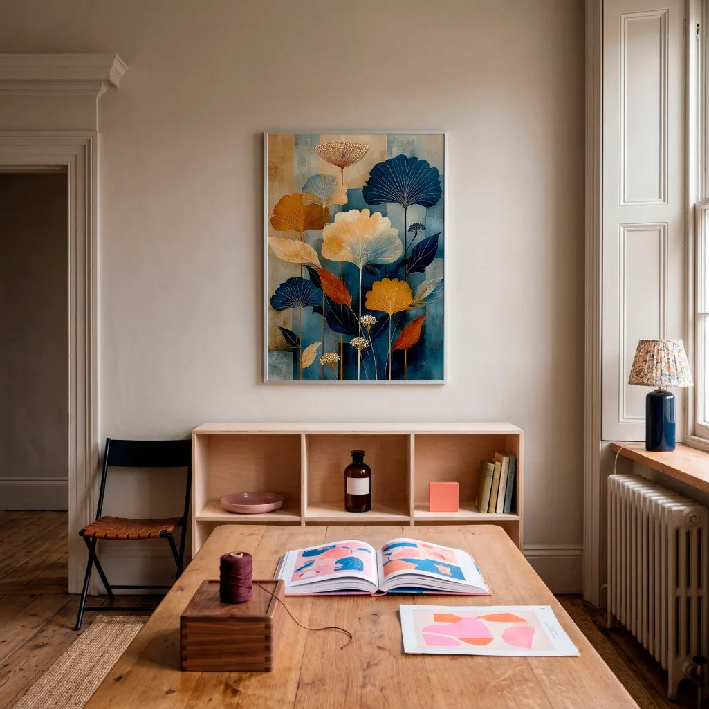 blue and gold botanical wall decor poster for cozy modern home interior styling