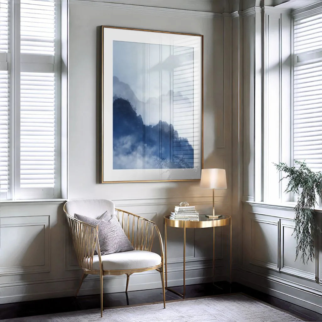 Blue horizon watercolor landscape poster styled in minimalist bedroom interior