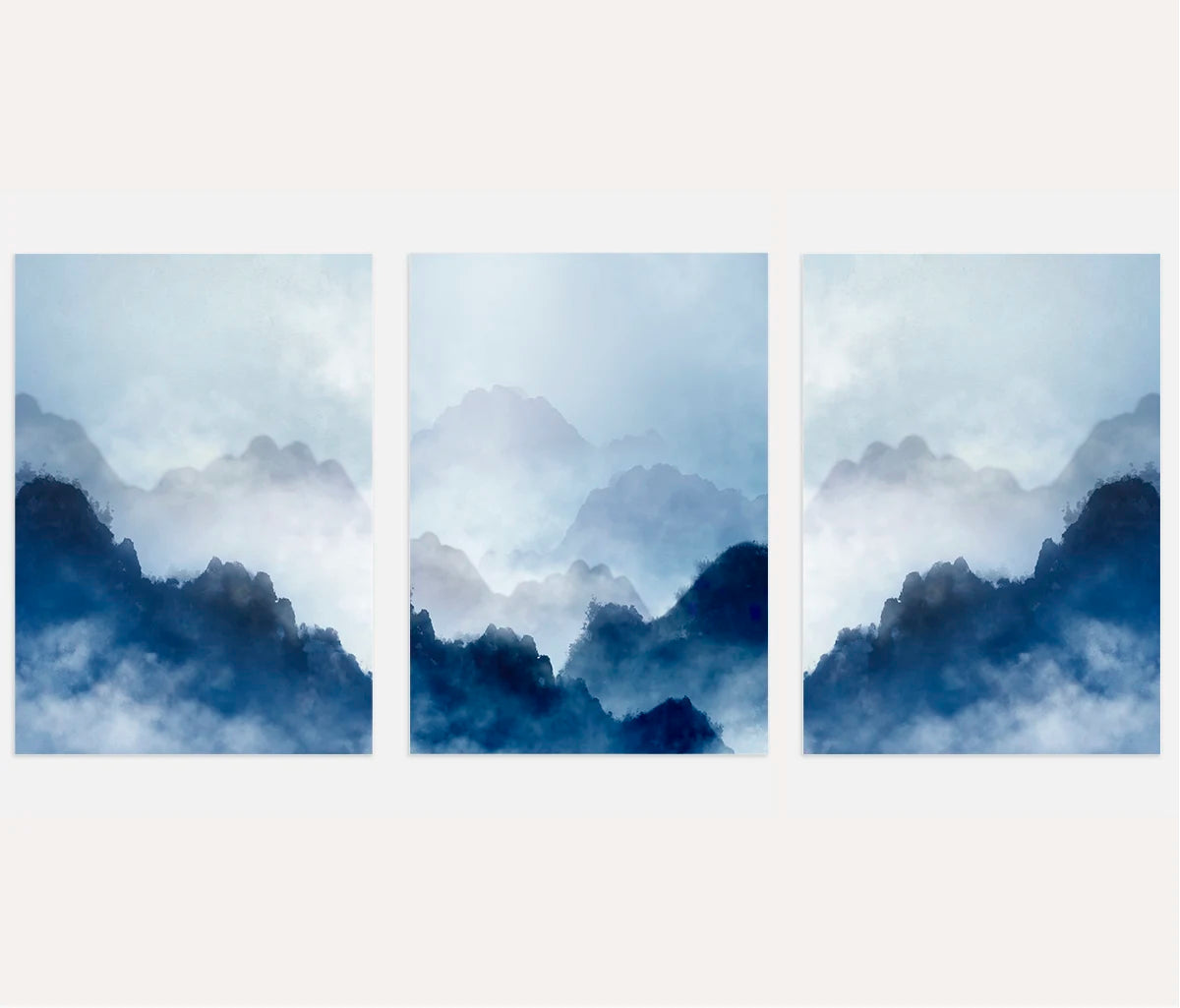 blue misty mountain poster set minimalist landscape wall art calm decor