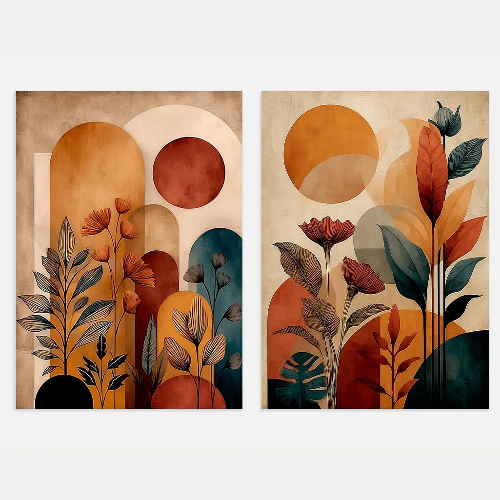 boho abstract botanical poster set with terracotta, beige and green tones wall art for modern interior
