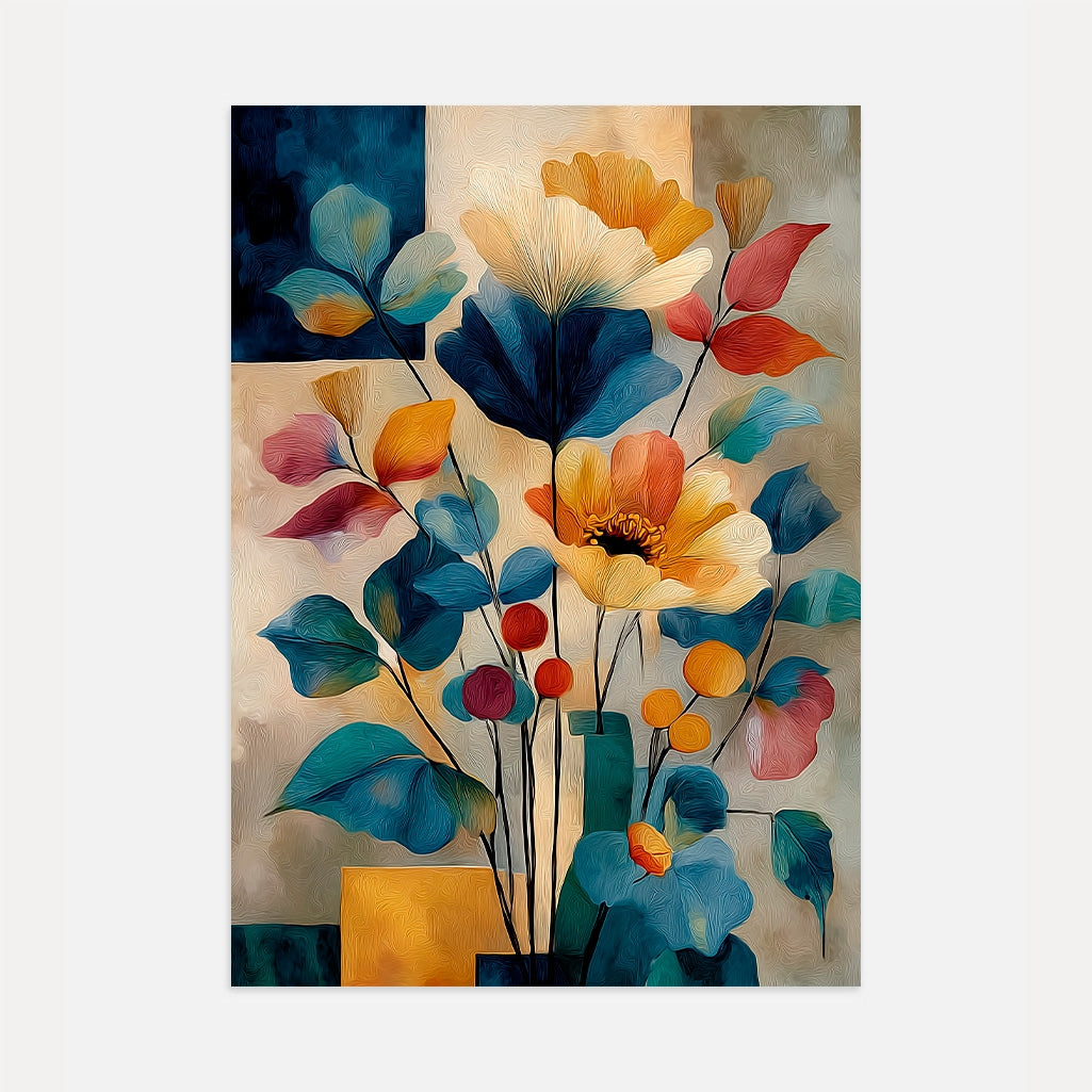 boho floral abstract poster in blue beige coral and gold tones for modern living room wall decor