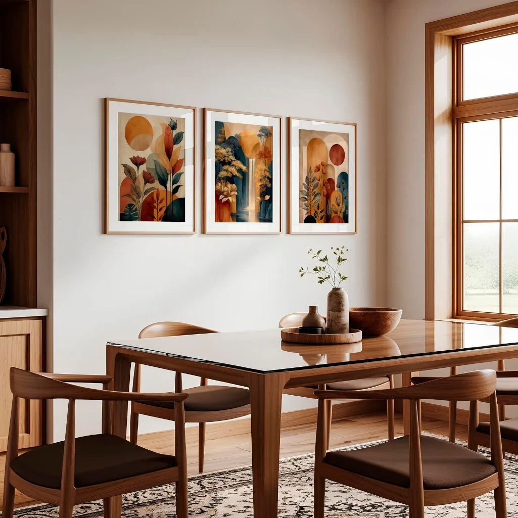 modern boho gallery wall set of 3 posters for living room with natural earthy colors
