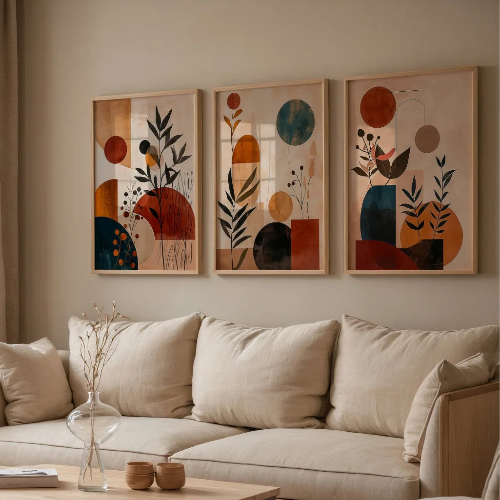 abstract boho poster set of 3 with warm neutral colors styled in modern living room
