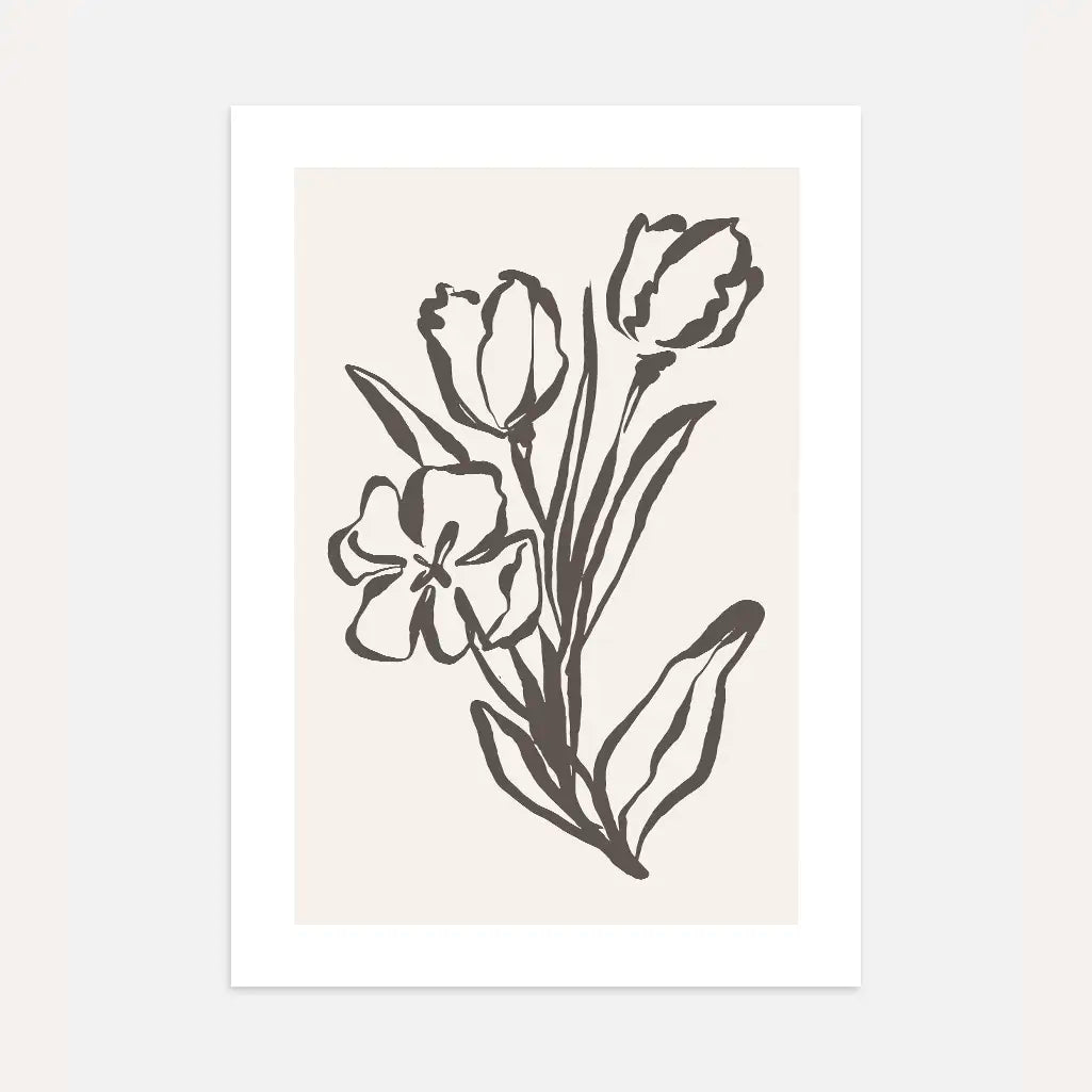 botanischer line art blumen poster beige schwarz künstlerische wandkunst