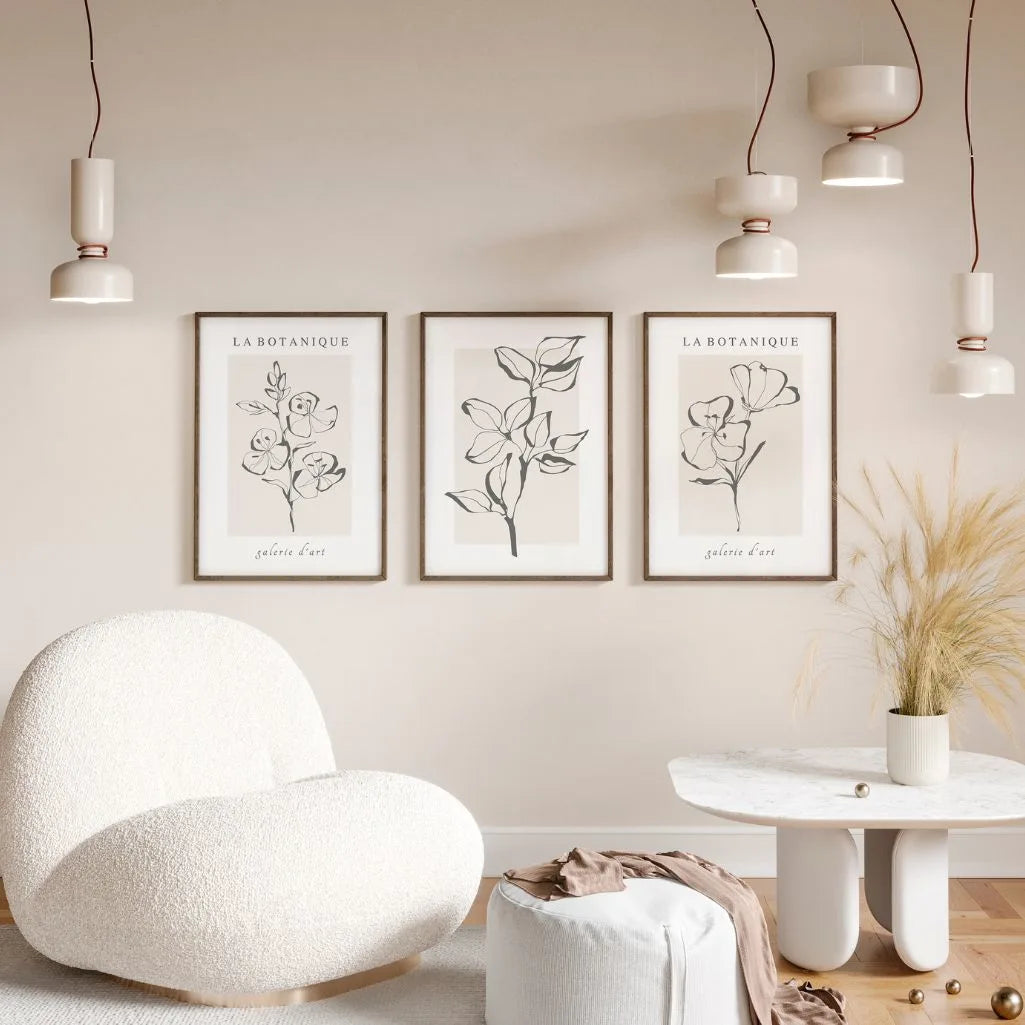 beige botanical line art poster set modern living room wall decor