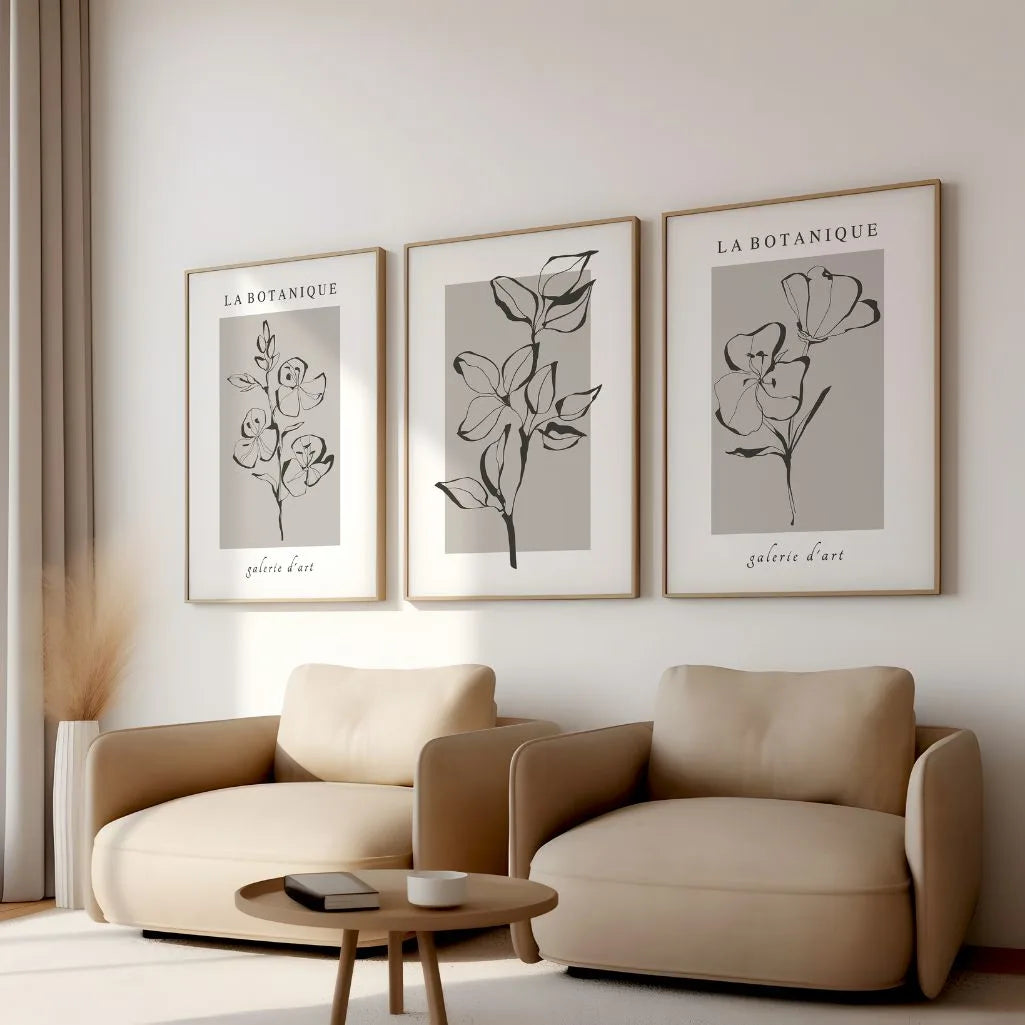 botanical line art poster set beige grey wall decor in modern living room neutral tones