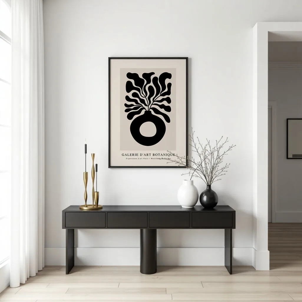 Botanical vase abstract poster displayed in gallery wall with modern decor