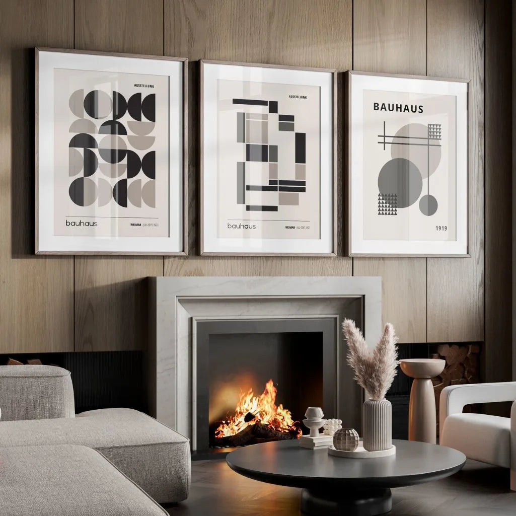 black graphite and beige bauhaus poster set of 3 arranged in modern gallery wall