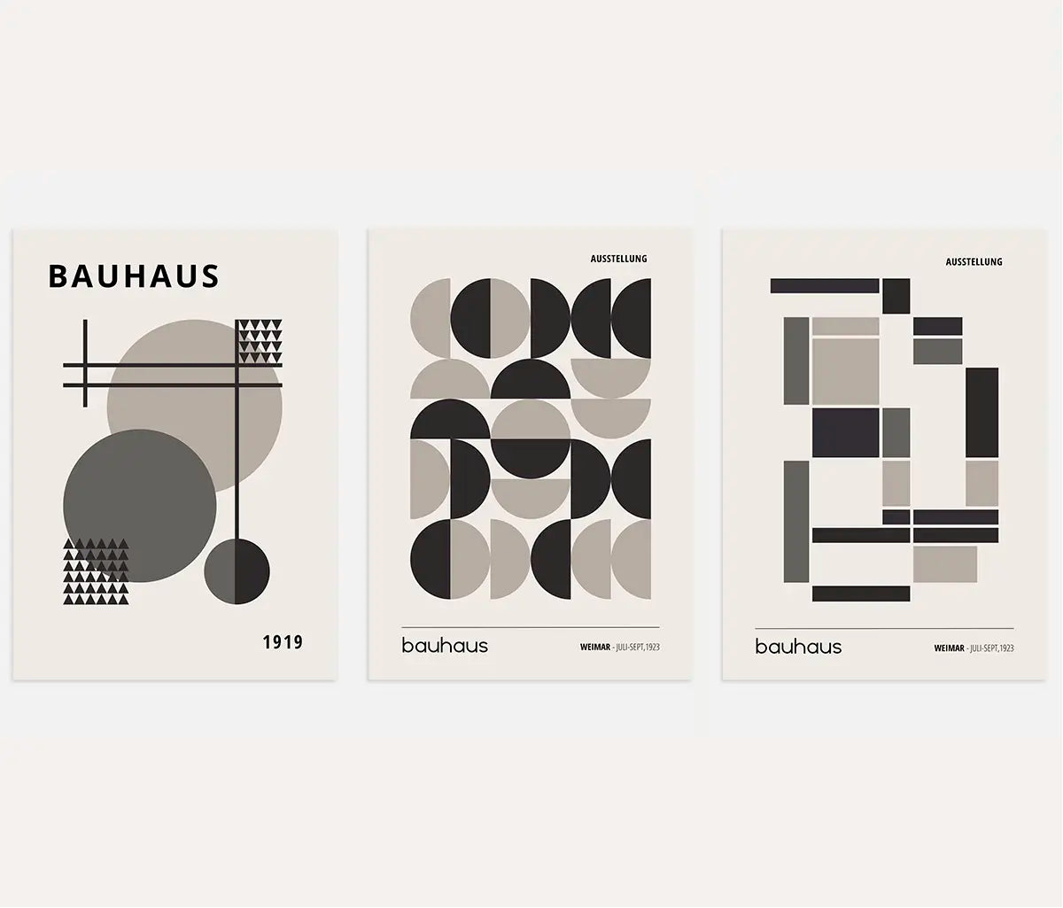 bauhaus poster set of 3 with black graphite and beige geometric circles and lines