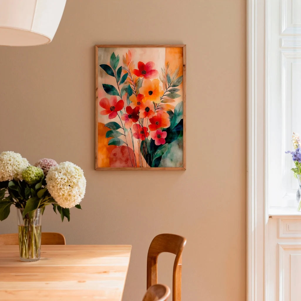 Coral and yellow flower poster with sage green leaves for stylish living room wall art