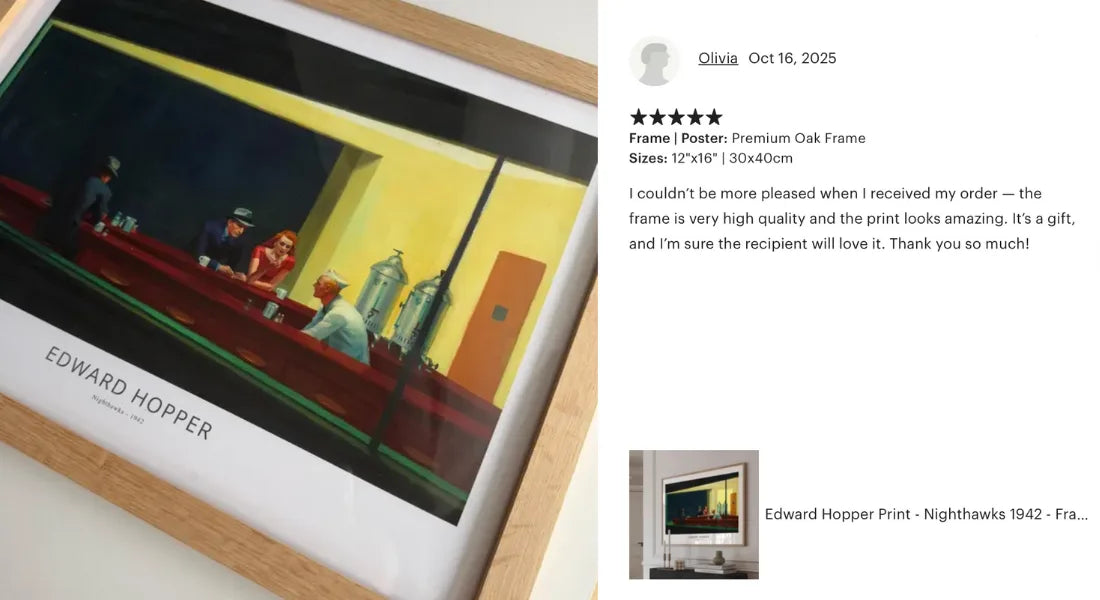 edward hopper nighthawks framed poster with oak frame in real home interior customer photo wall art