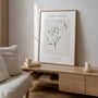Close up of floral line art poster showing delicate continuous line drawing