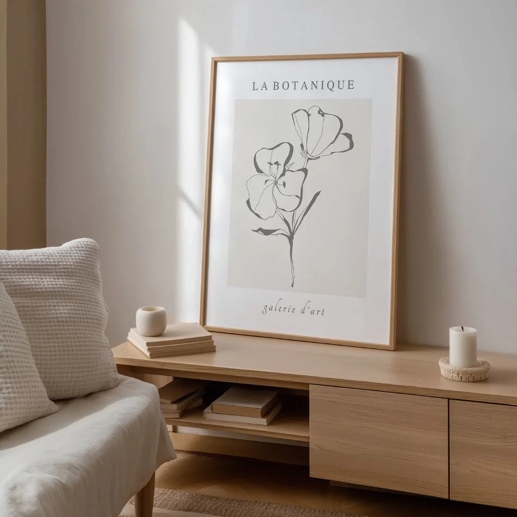 Close up of floral line art poster showing delicate continuous line drawing