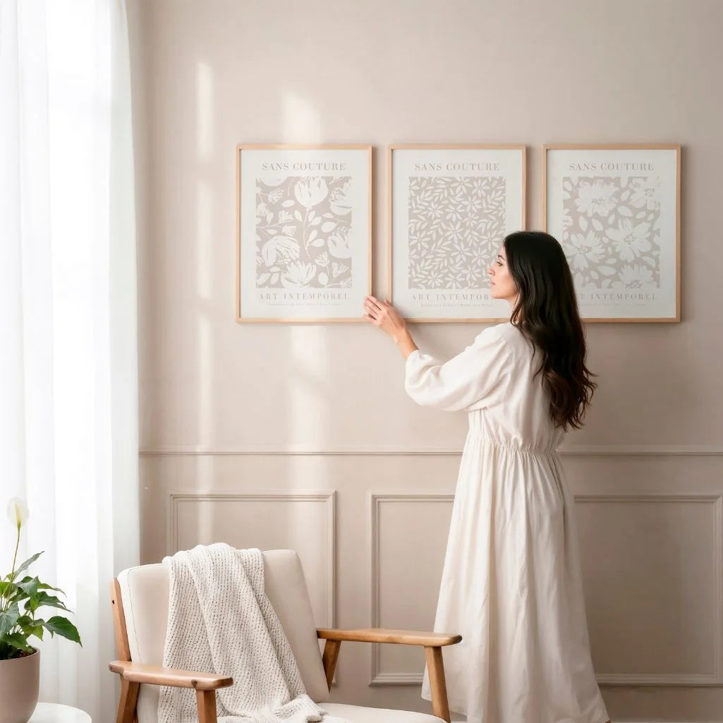 beige floral pattern poster set modern living room wall decor