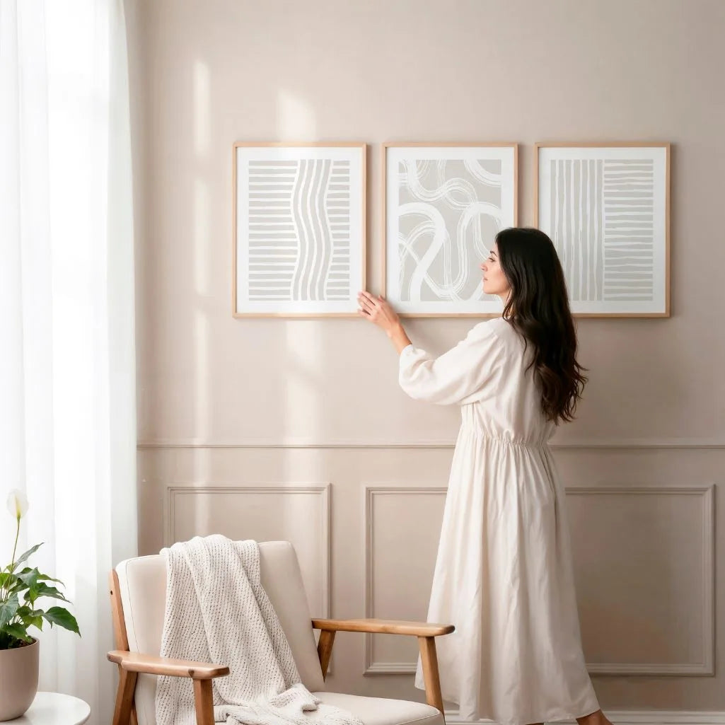 fluid line pattern poster set of 3 beige neutral bedroom wall art