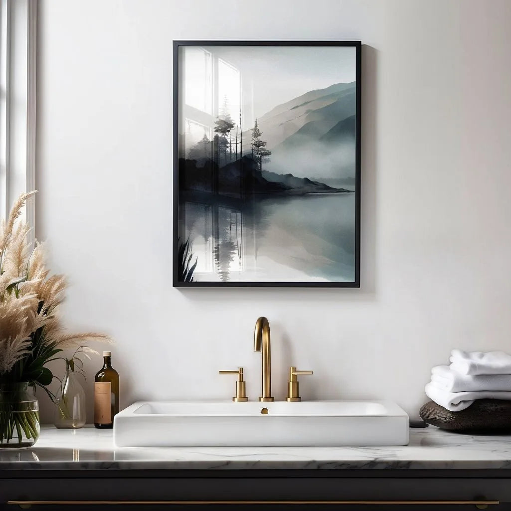 Watercolor forest island poster styled in modern minimalist living room