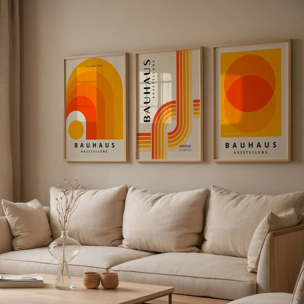 orange and yellow bauhaus poster set in modern living room