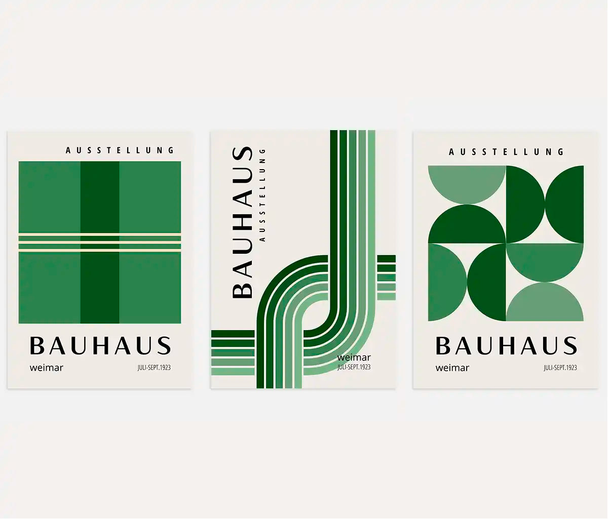 bauhaus poster set of 3 with olive green and forest green geometric semicircles and lines
