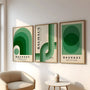 green bauhaus poster set arranged in modern gallery wall with tonal geometric rhythm