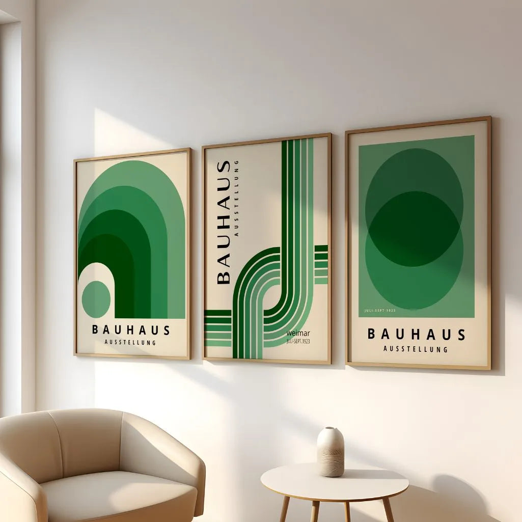green bauhaus poster set arranged in modern gallery wall with tonal geometric rhythm
