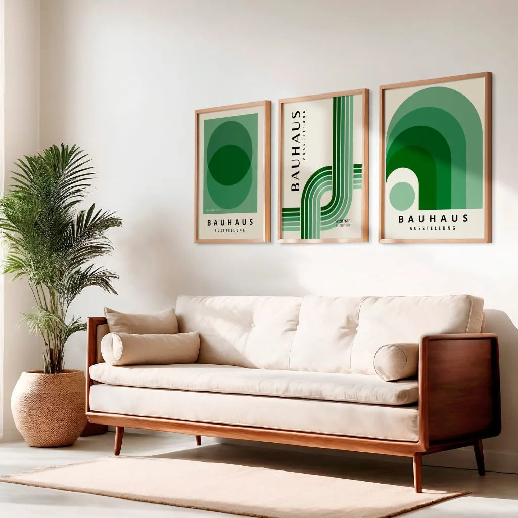 green bauhaus wall art set with tonal transitions in modern minimalist living room