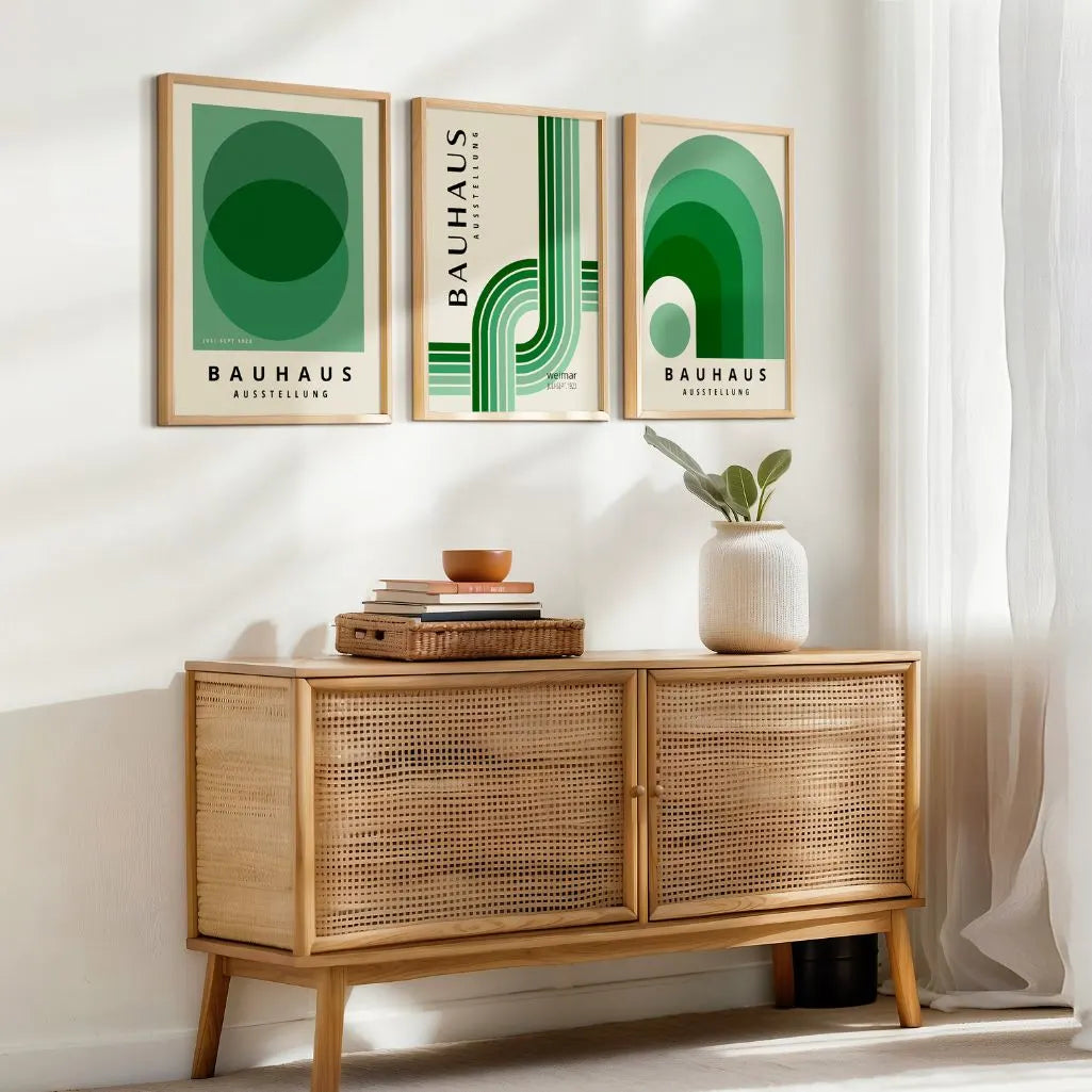 green geometric bauhaus poster set with layered bands in contemporary office workspace