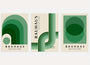 bauhaus poster set of 3 with layered green tones repeating arcs and semicircles on light background