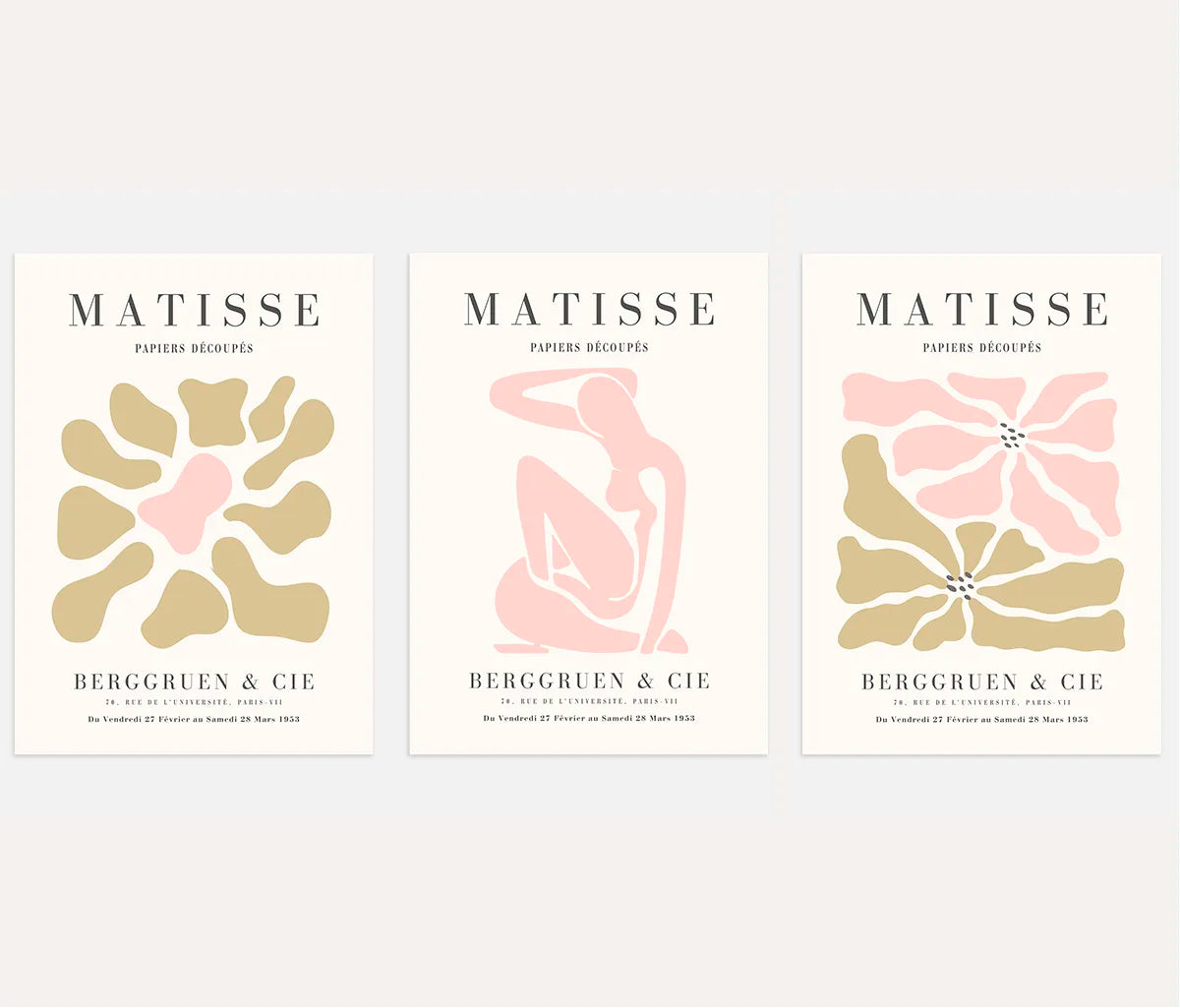 henri matisse poster set of 3 abstract organic shapes pink beige wall art