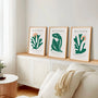 Henri Matisse botanical poster set with green forms and terracotta sun for contemporary wall art