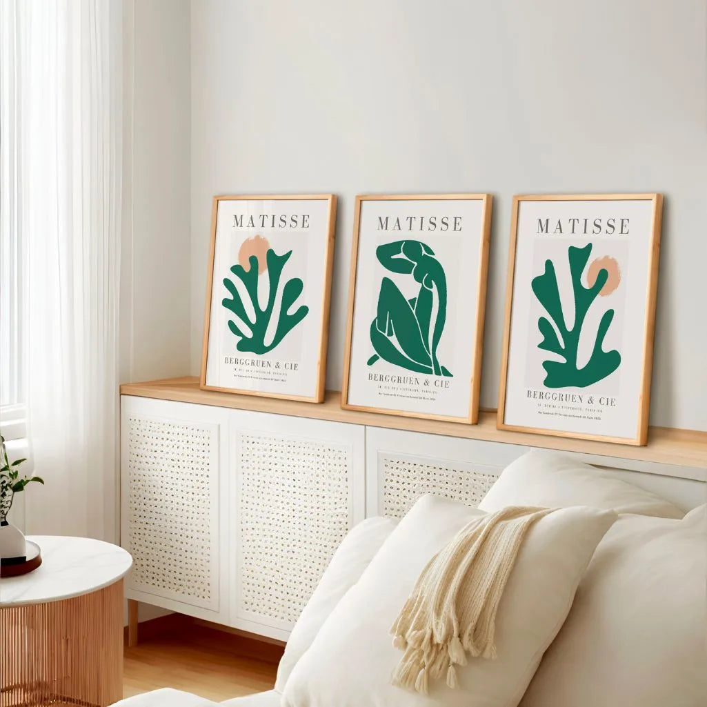 Henri Matisse botanical poster set with green forms and terracotta sun for contemporary wall art