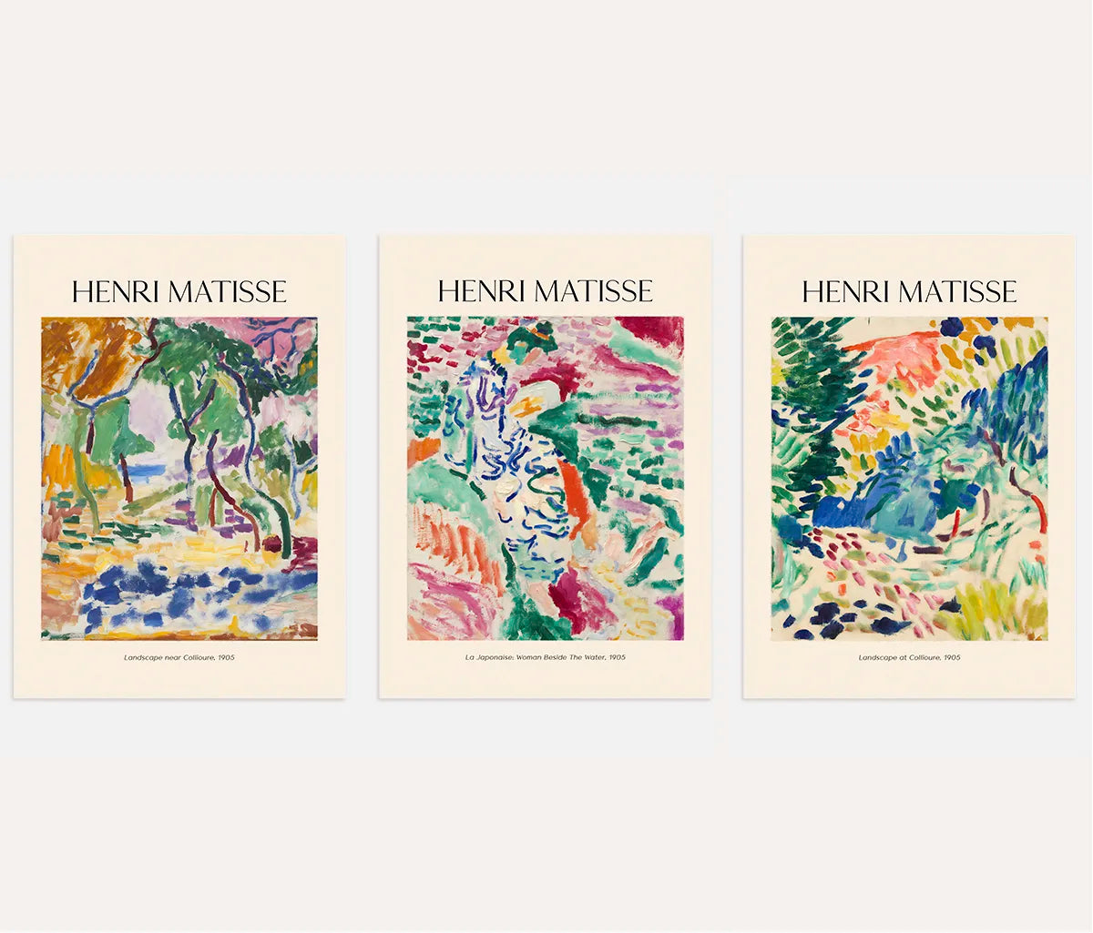 Henri Matisse Collioure landscape and figure poster set of 3 in colorful Fauvism style