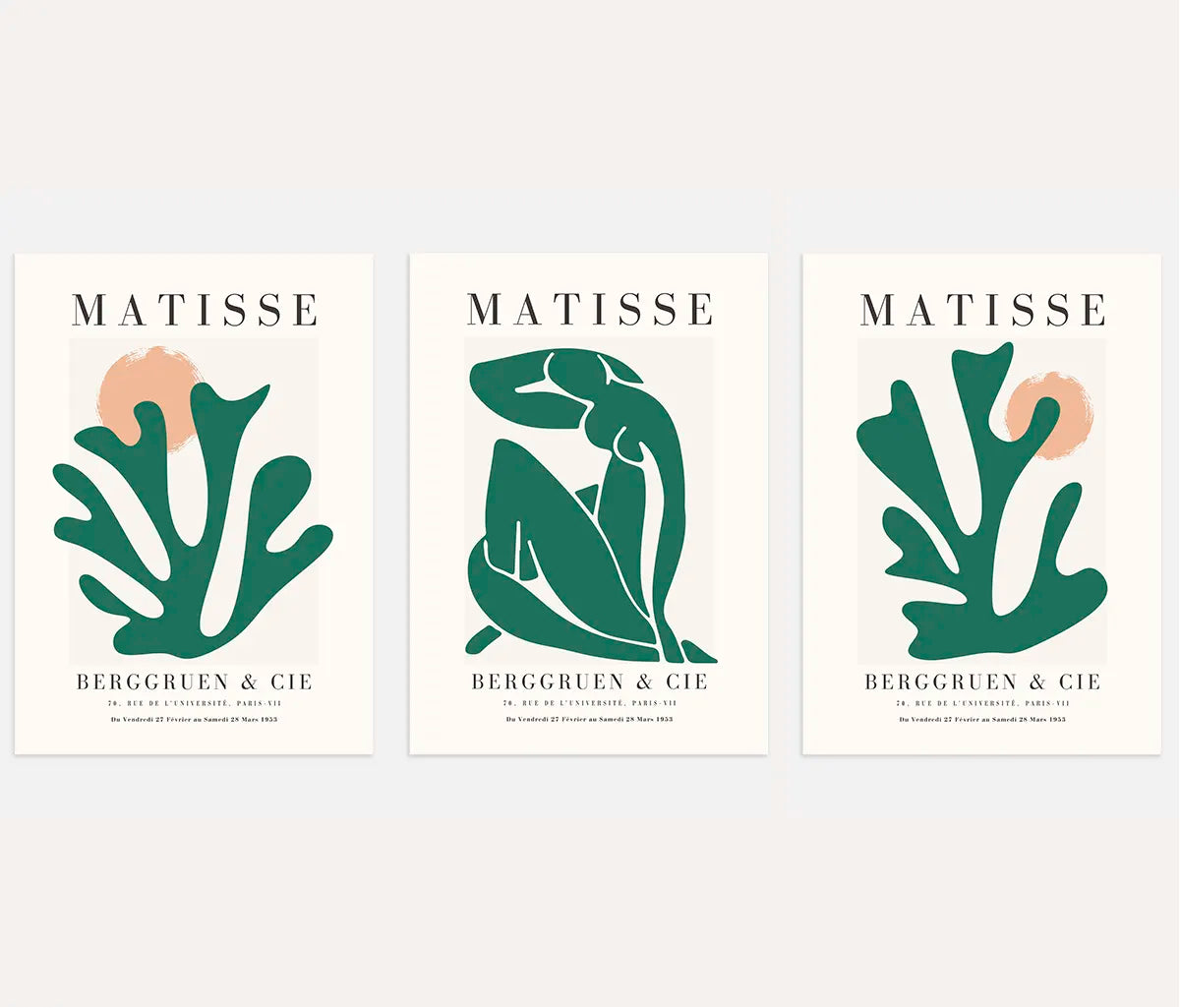 Henri Matisse green abstract shapes poster set of 3 with terracotta sun accents wall art