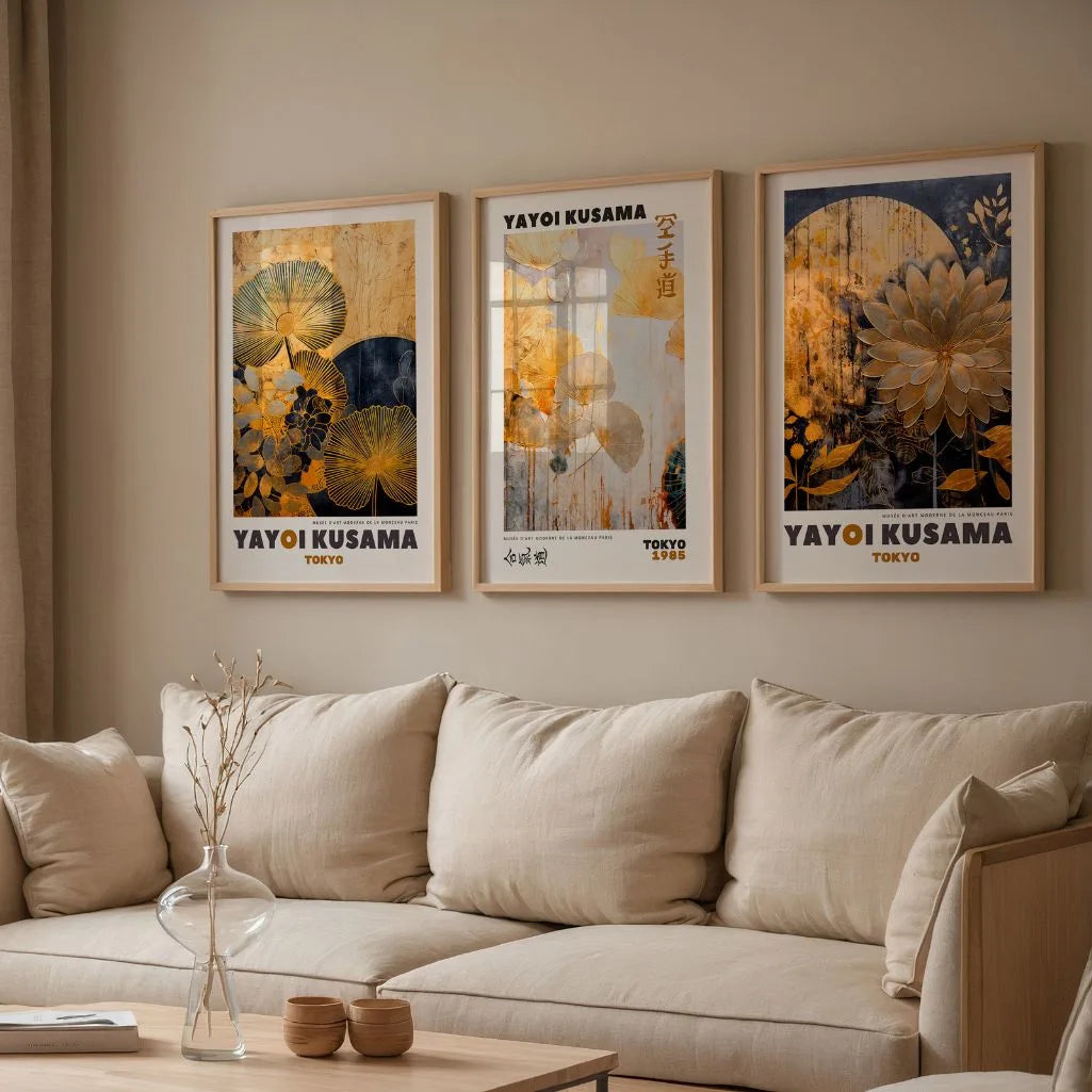 gold navy japanese floral poster set of 3 elegant botanical wall art