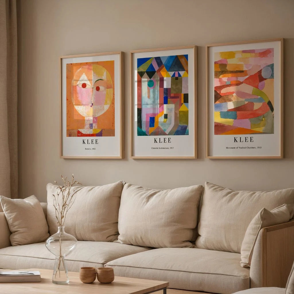 Paul Klee abstract portrait poster set with geometric shapes and vibrant colors