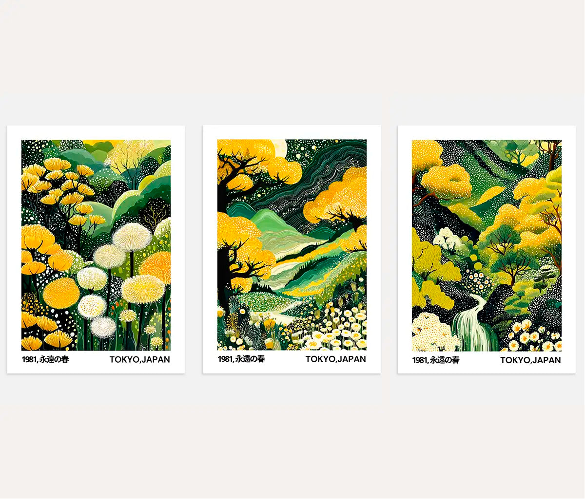Kusama spring landscape poster set of 3 with yellow and green colors, Japanese floral nature wall art composition