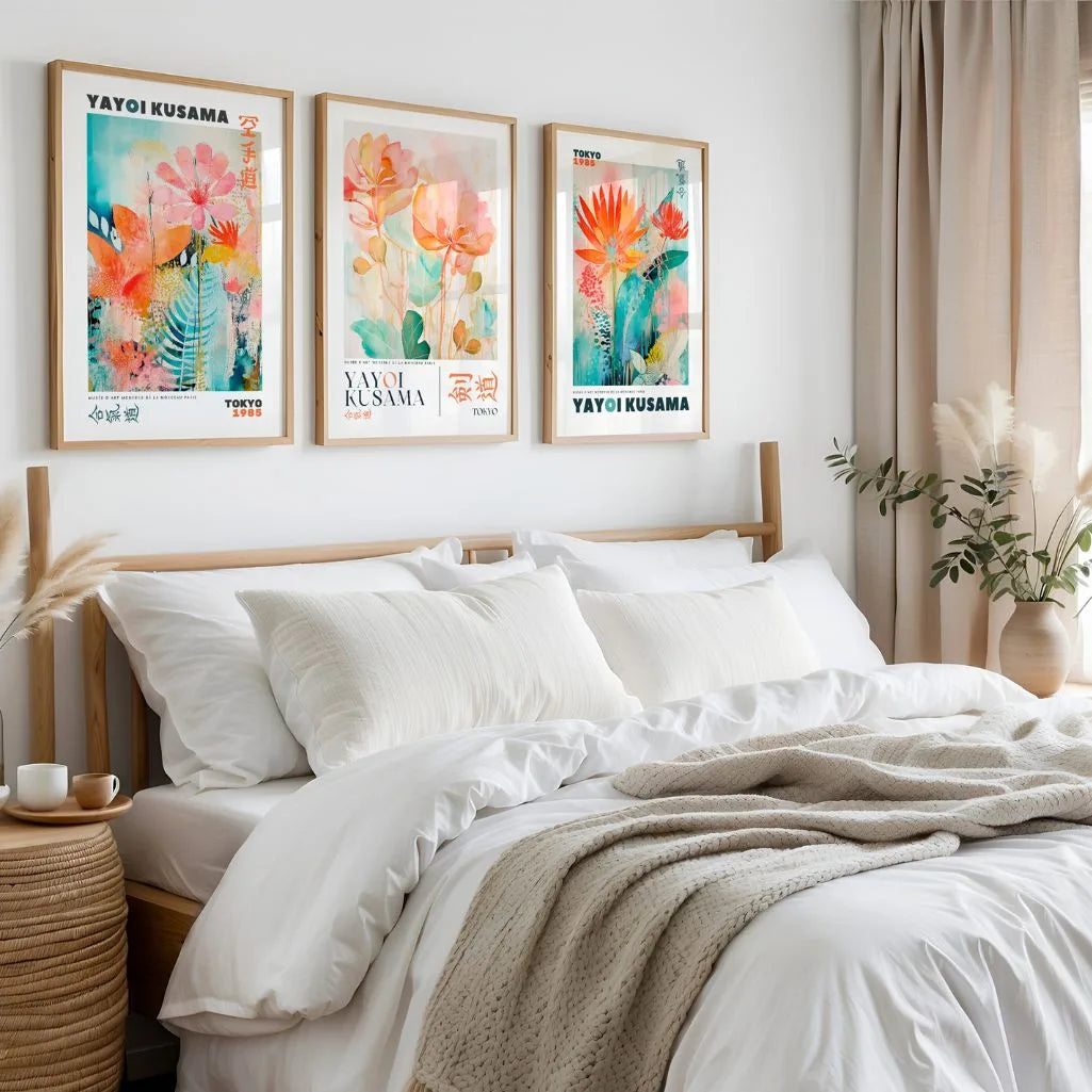 kusama style botanical poster set of 3 colorful flowers modern wall decor
