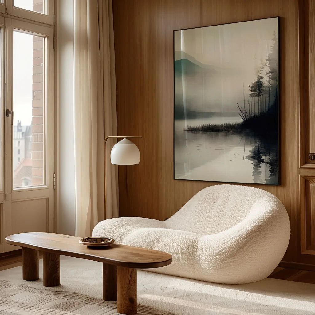 Watercolor lake poster styled in minimalist bedroom with calm neutral decor