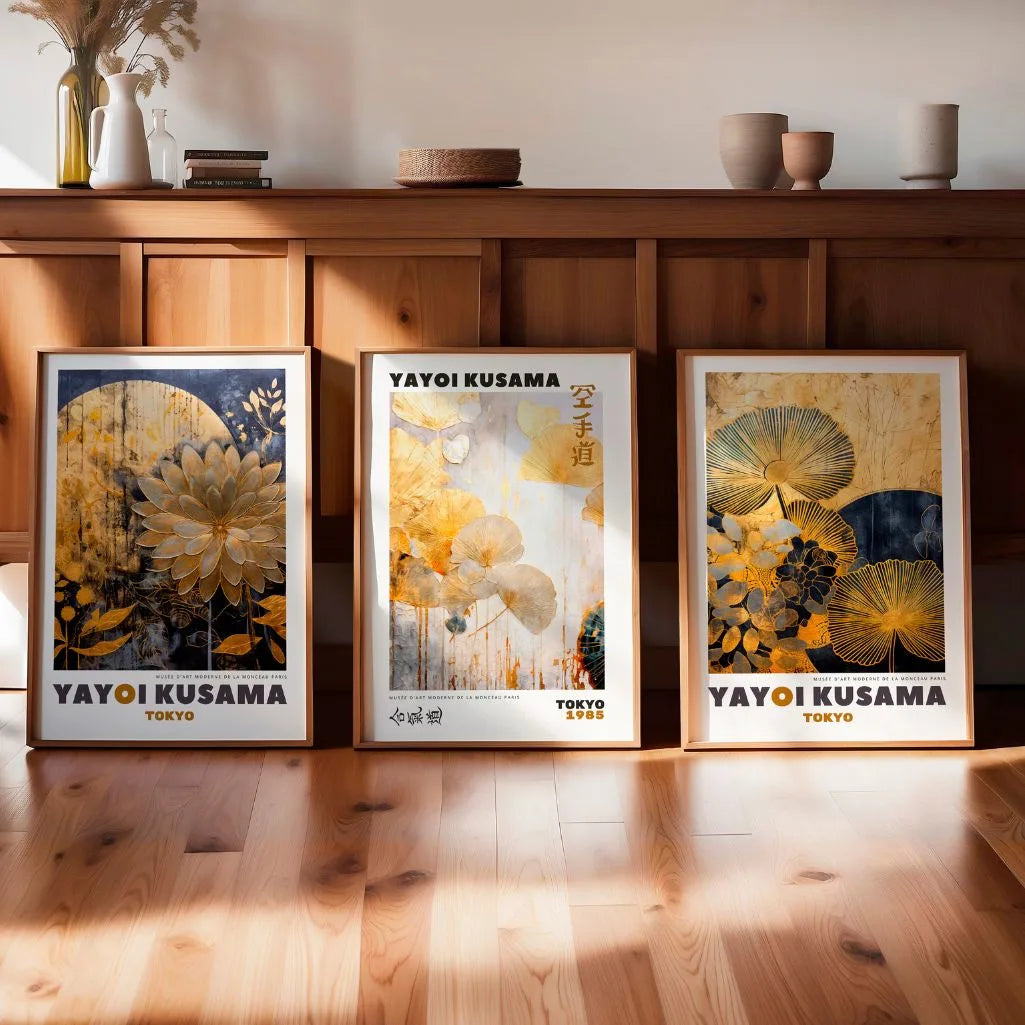 luxury oriental style poster set of 3 gold blue floral wall art