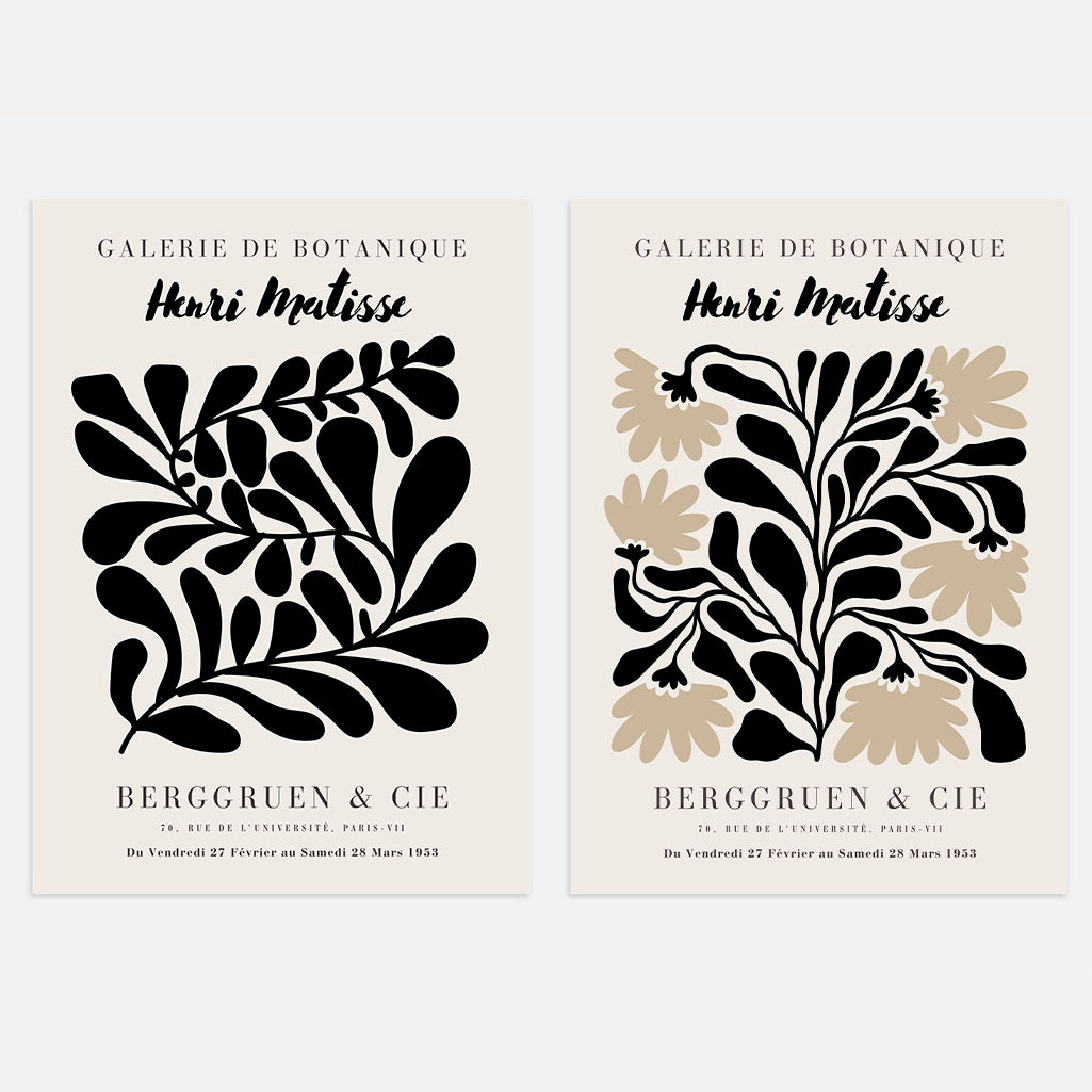 Matisse graphic botanical set of 2 posters with black plant shapes and minimalist design