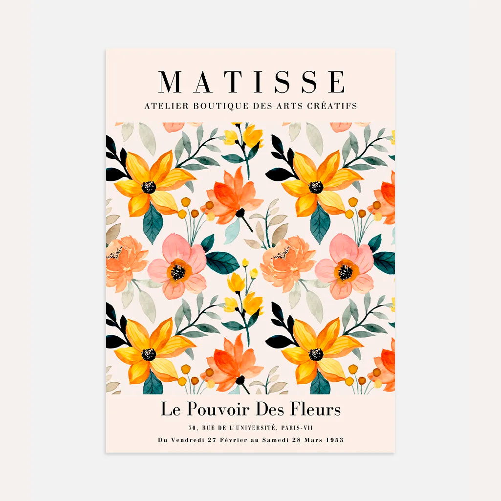 Matisse orange tone flowers poster with warm floral composition in orange yellow and pink
