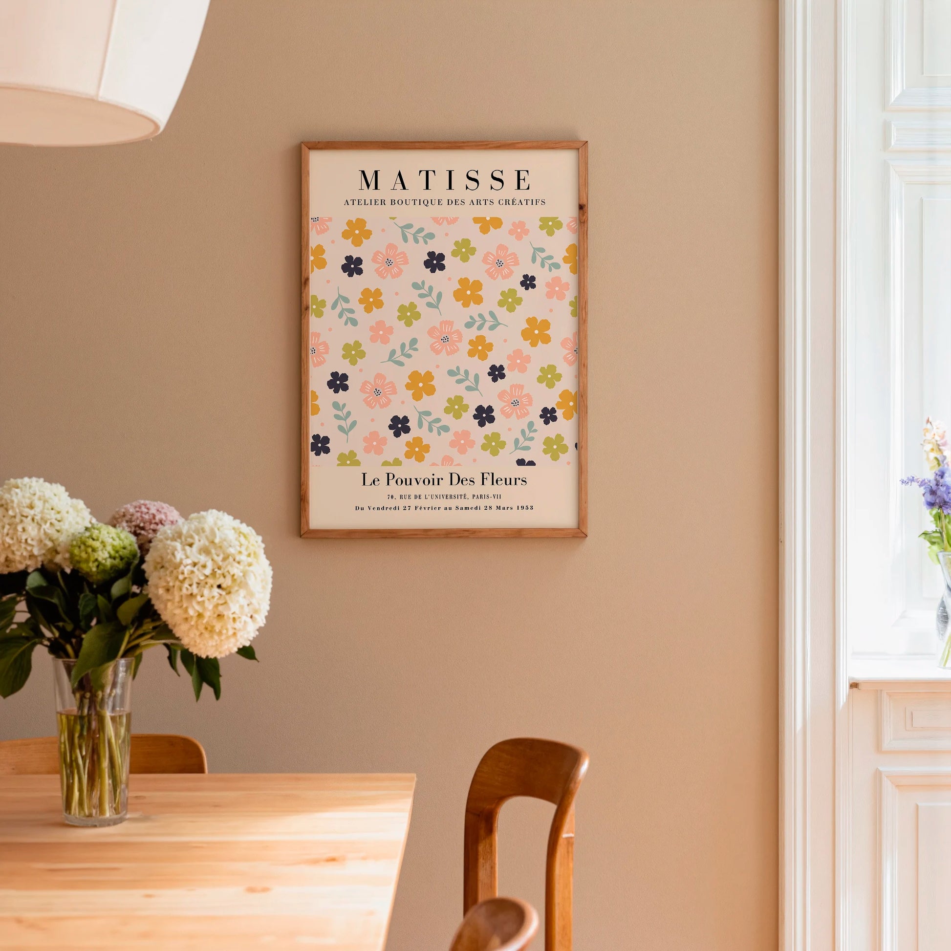 Matisse inspired pastel meadow poster displayed in gallery wall with colorful prints