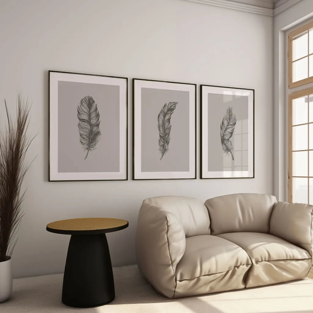 minimalist feather illustration poster set of 3 black beige gallery wall decor