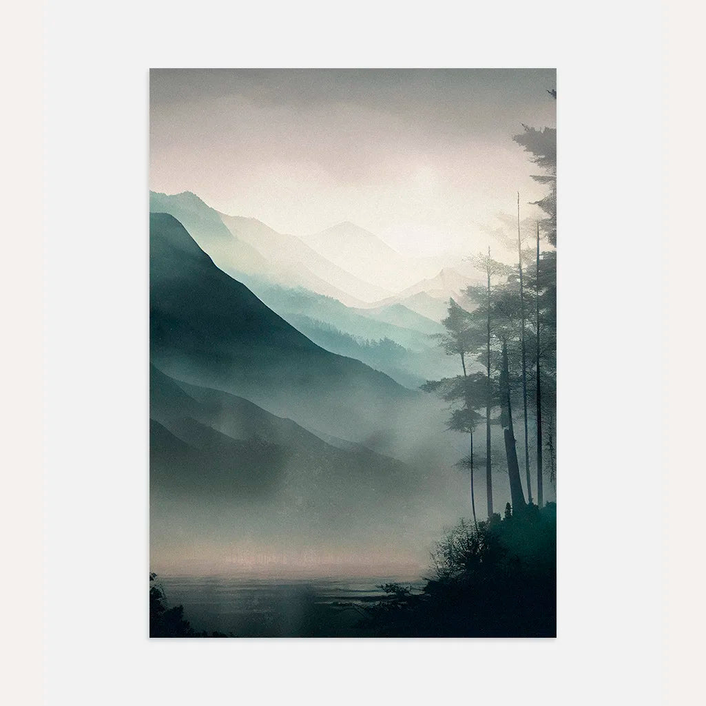 misty forest mountain poster calm landscape wall art
