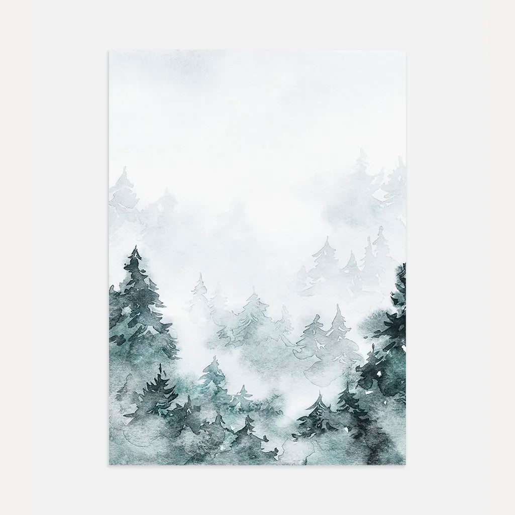 misty forest watercolor poster calm landscape wall art