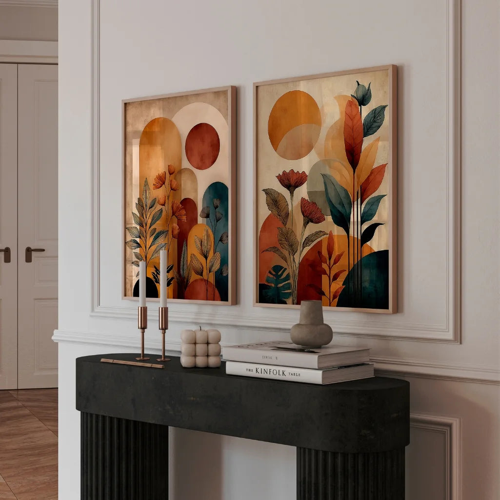 abstract plant poster set designed for gallery wall arrangement in warm earthy colors
